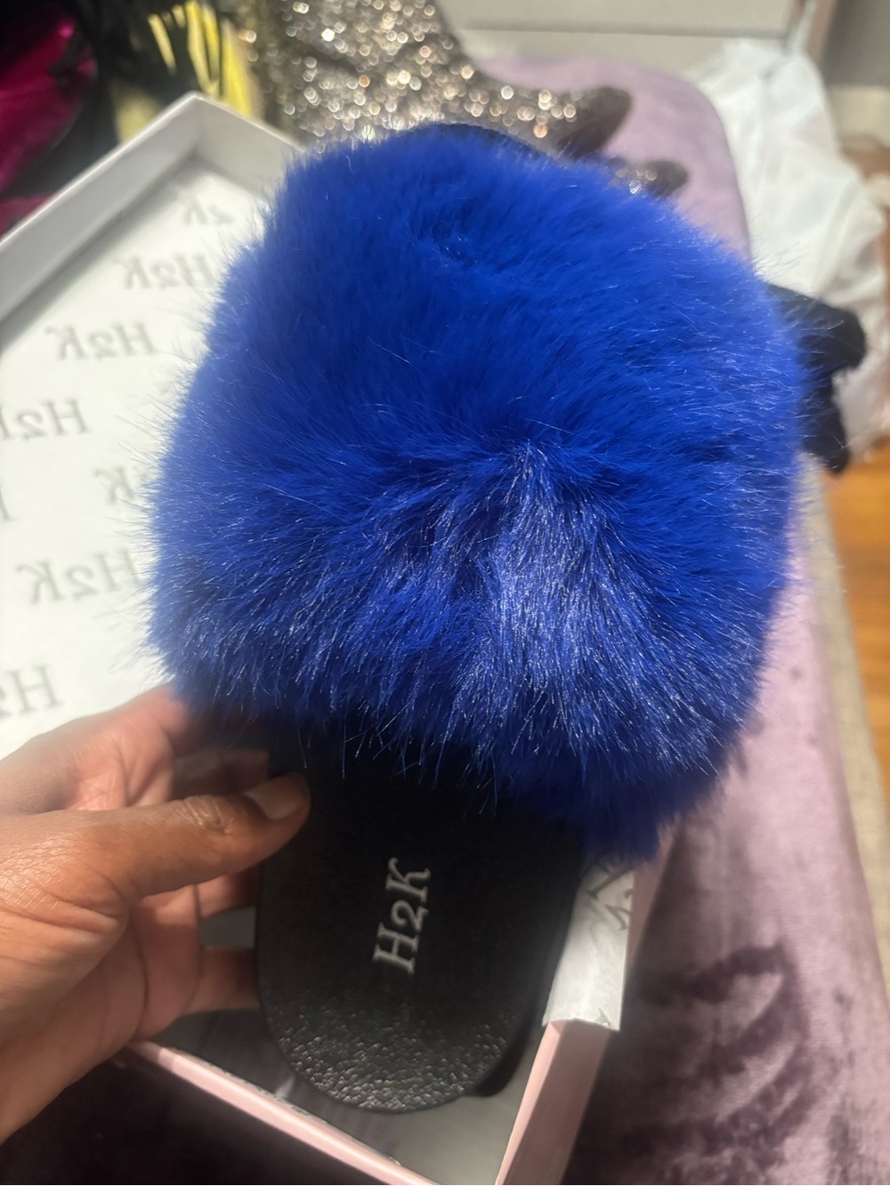H2K Royal Blue Faux Fur Slide Slippers - Women's